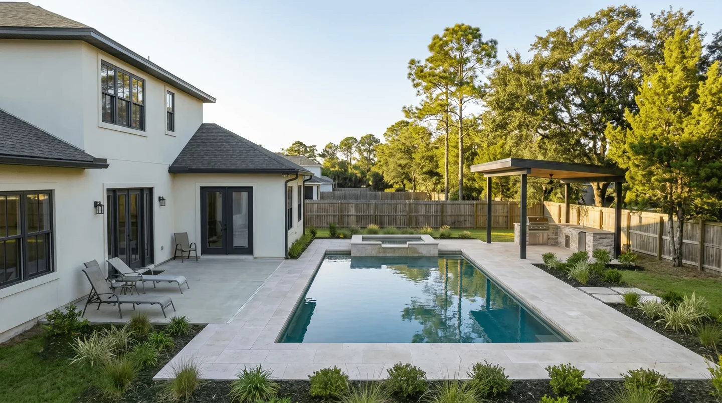 Photorealistic illustrative finished vision of the same backyard, with the proposed design shown from the same viewpoint.