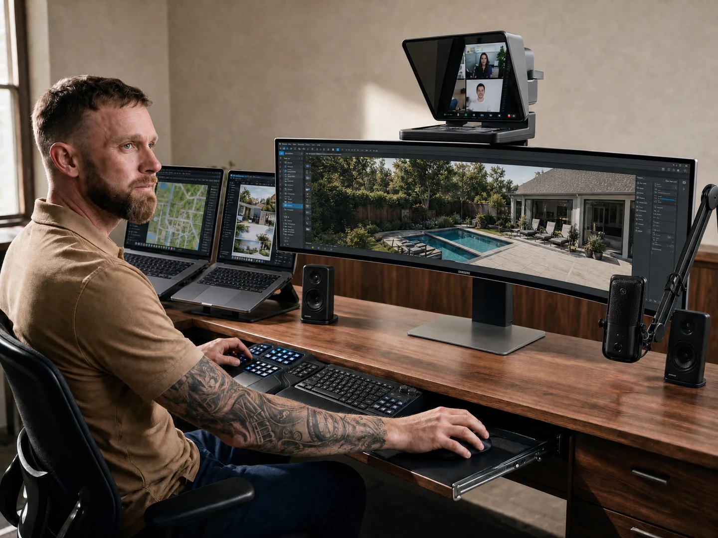 Jeremy designing at his LANDOVA console on a pull-out tray, with an ultrawide monitor, two laptops and an Elgato Prompter in his office.