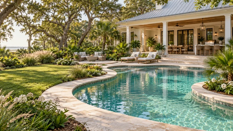 Illustrative Pensacola coastal backyard with a freeform pool, live oaks and a covered outdoor kitchen.