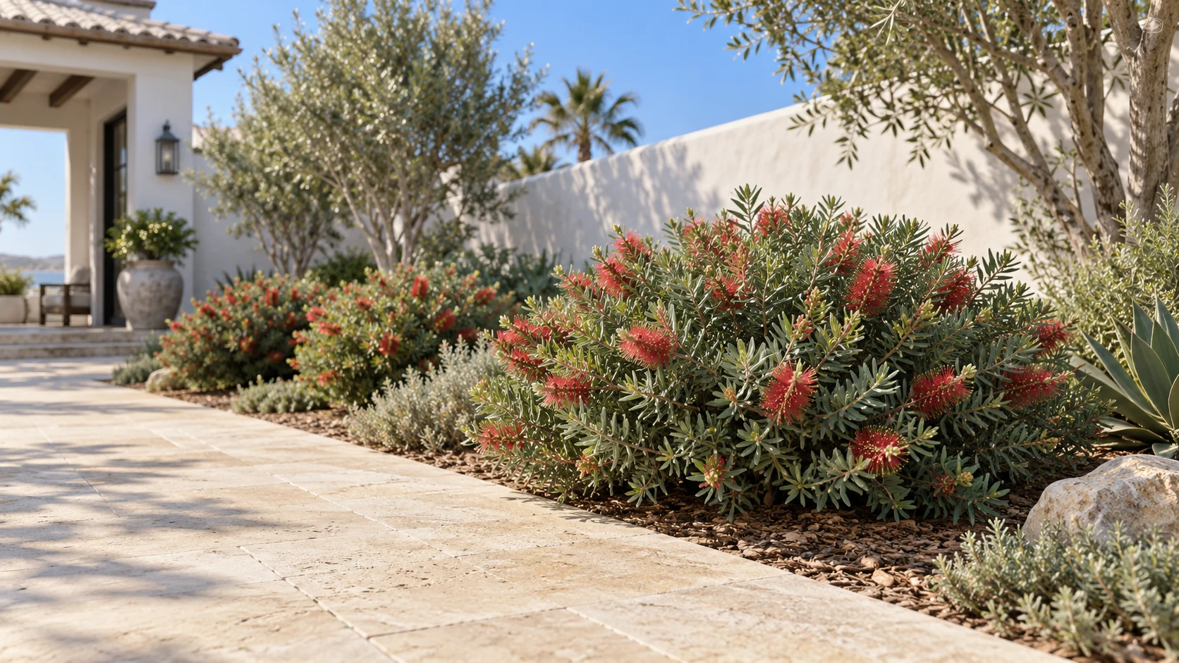 Illustrative planting concept with Little John Dwarf Bottlebrush