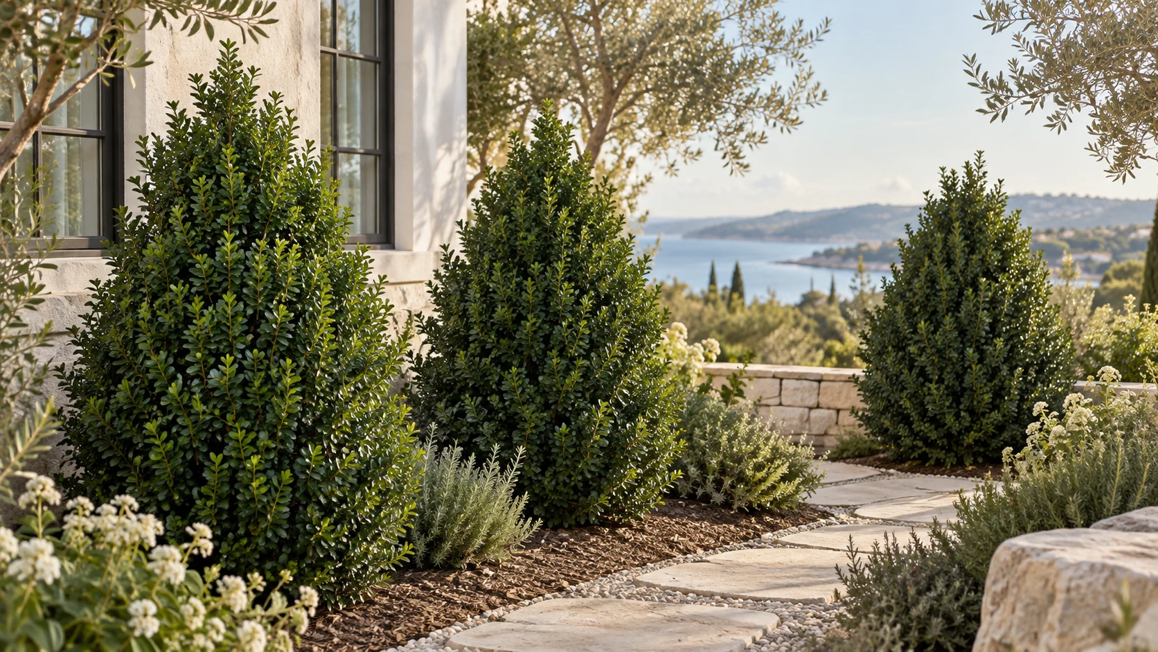 Illustrative planting concept with Steeds Japanese Holly