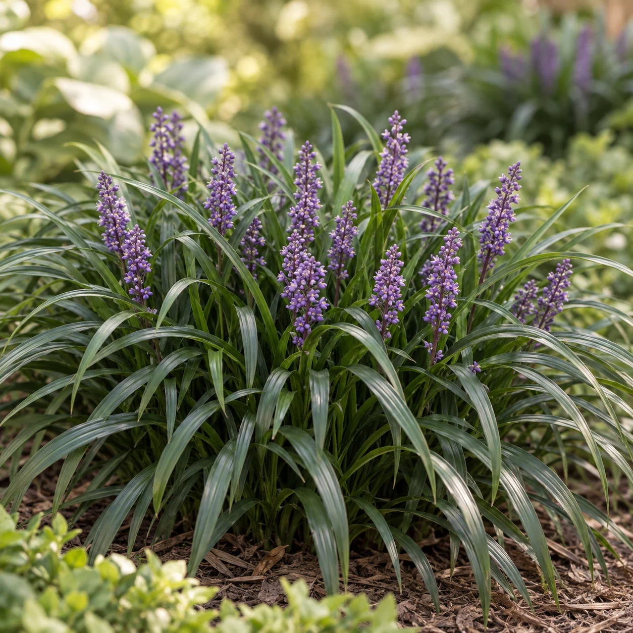 Illustrative foliage and seasonal detail of Big Blue Liriope