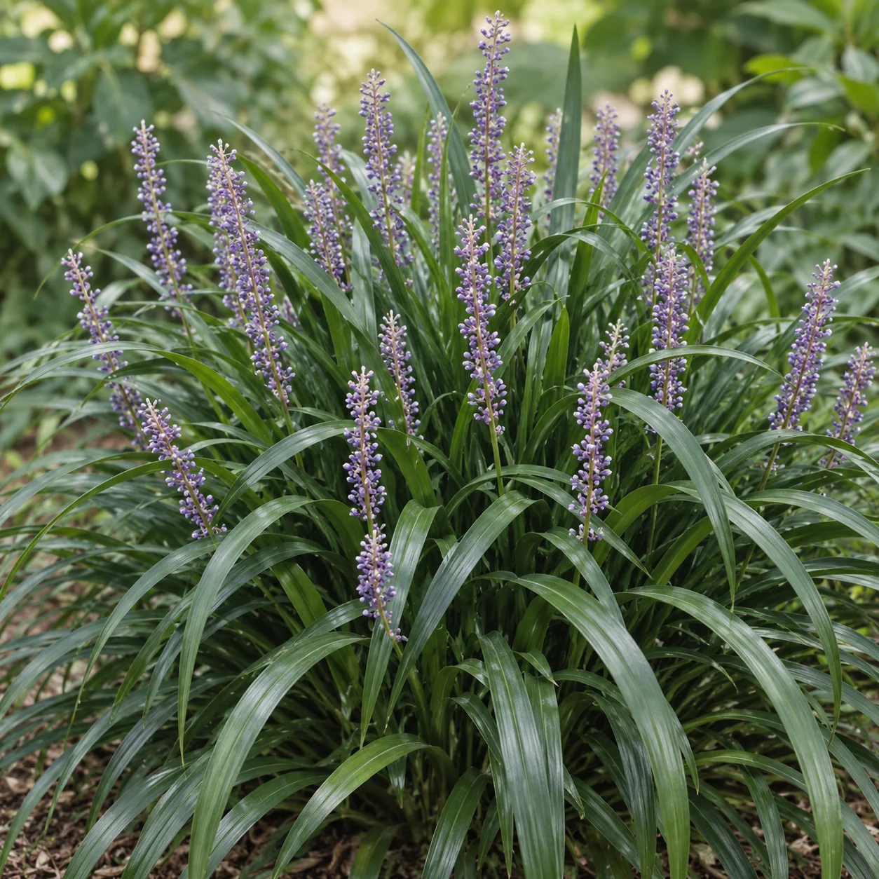 Illustrative foliage and seasonal detail of Emerald Goddess Liriope