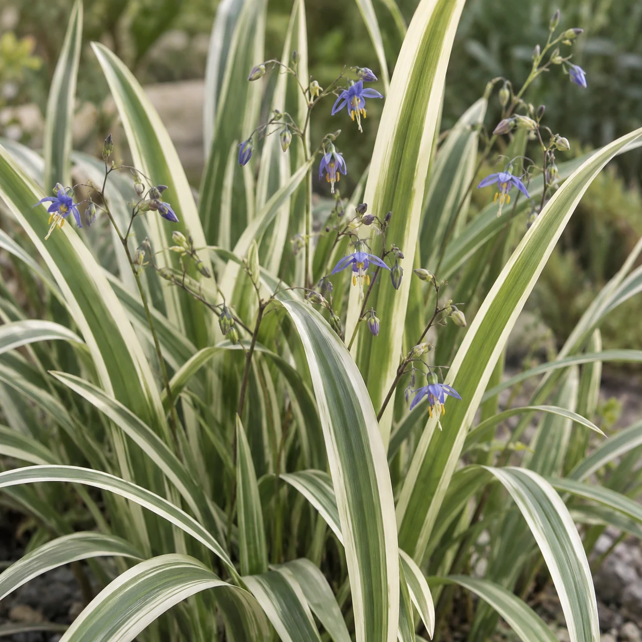 Illustrative foliage and seasonal detail of Variegated Flax Lily