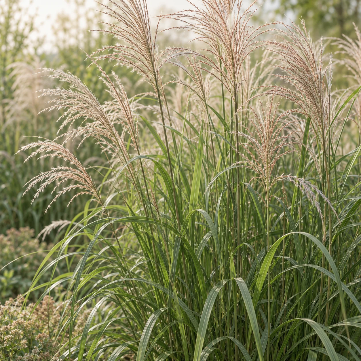 Illustrative foliage and seasonal detail of Miscanthus / Maiden Grass