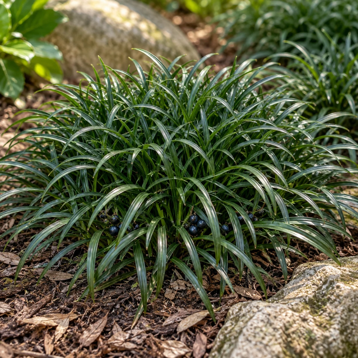 Illustrative foliage and seasonal detail of Dwarf Mondo Grass