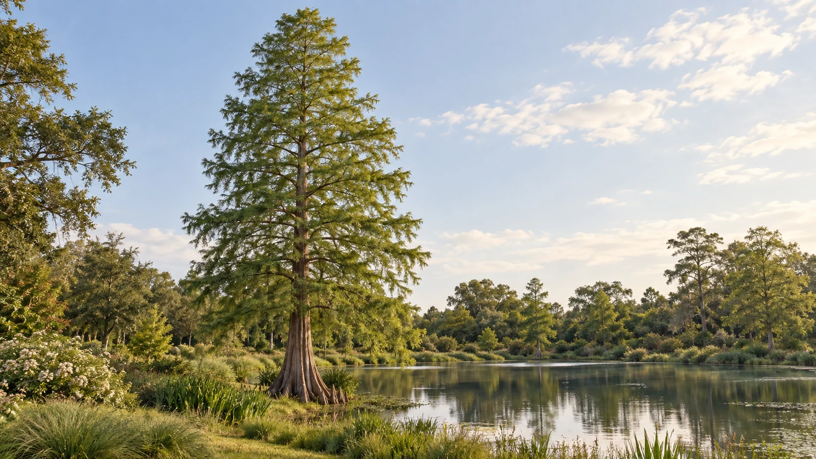 Illustrative waterside landscape with a tall tree and mixed planting, showing a setting with distinct growing conditions.
