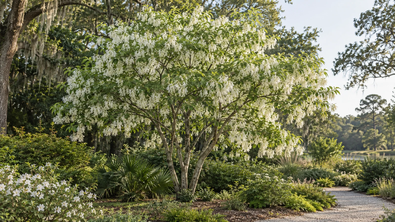Illustrative garden with a white-flowering tree, layered shrubs and an adjoining path.