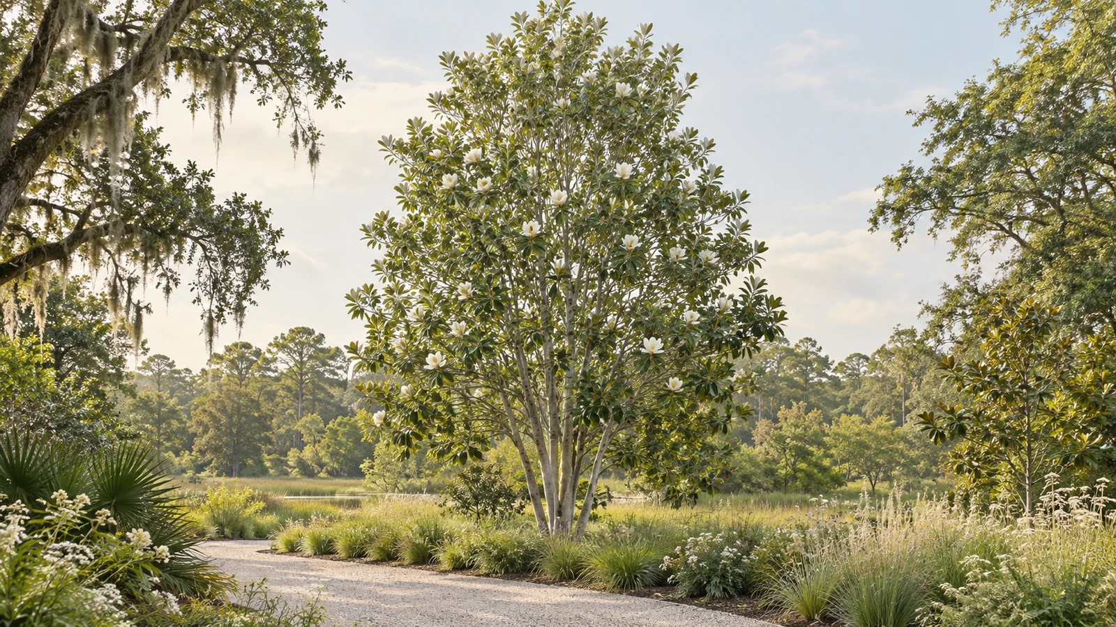 Illustrative garden composition with a flowering small tree, lower shrubs and grasses beside a curved path.