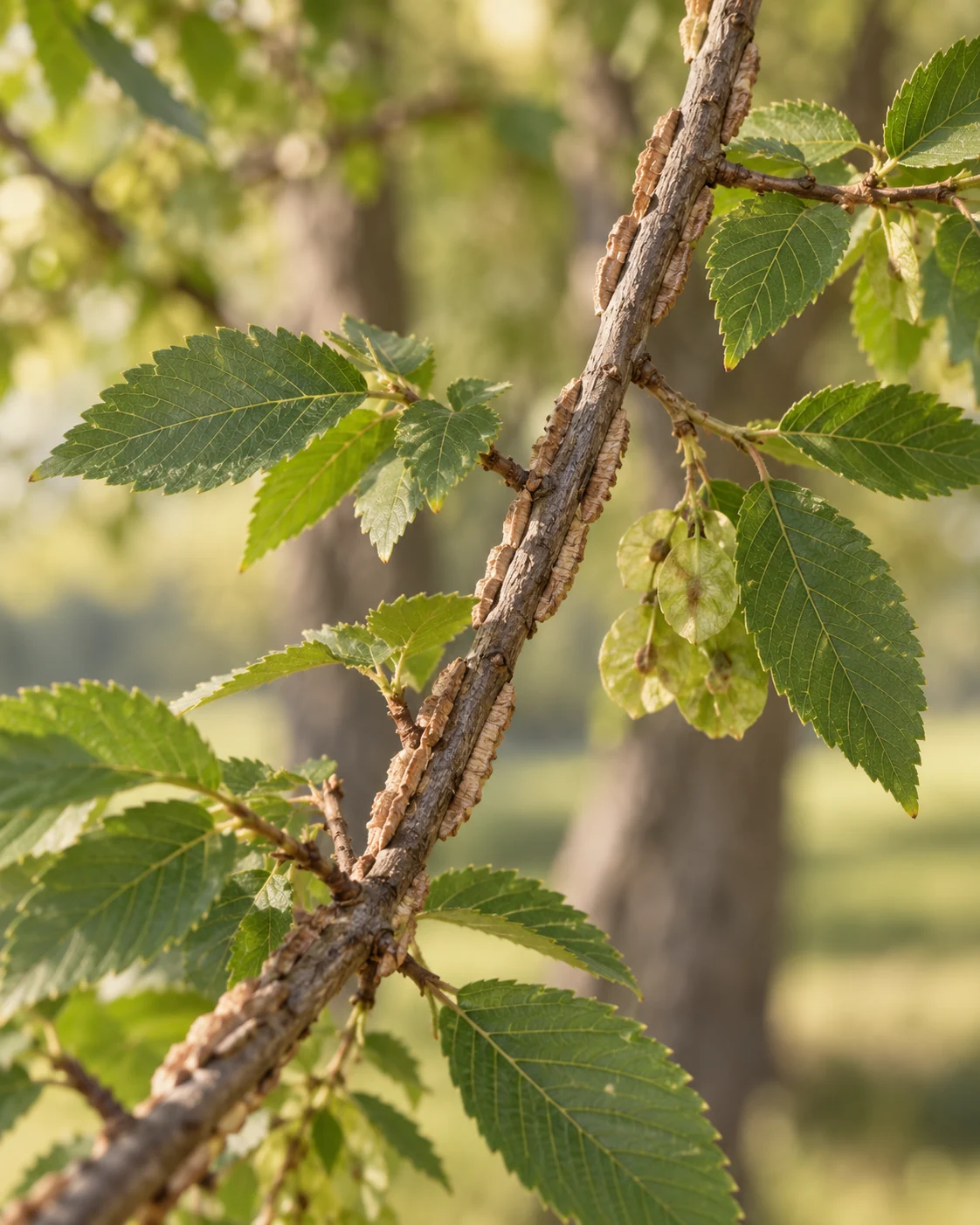 Illustrative foliage and seasonal detail of Winged Elm