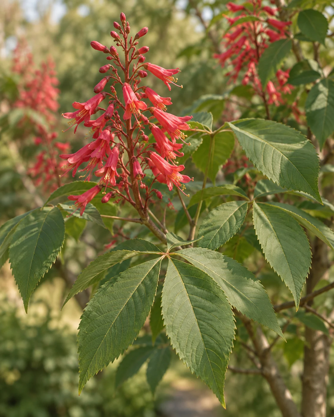 Illustrative foliage and seasonal detail of Red Buckeye