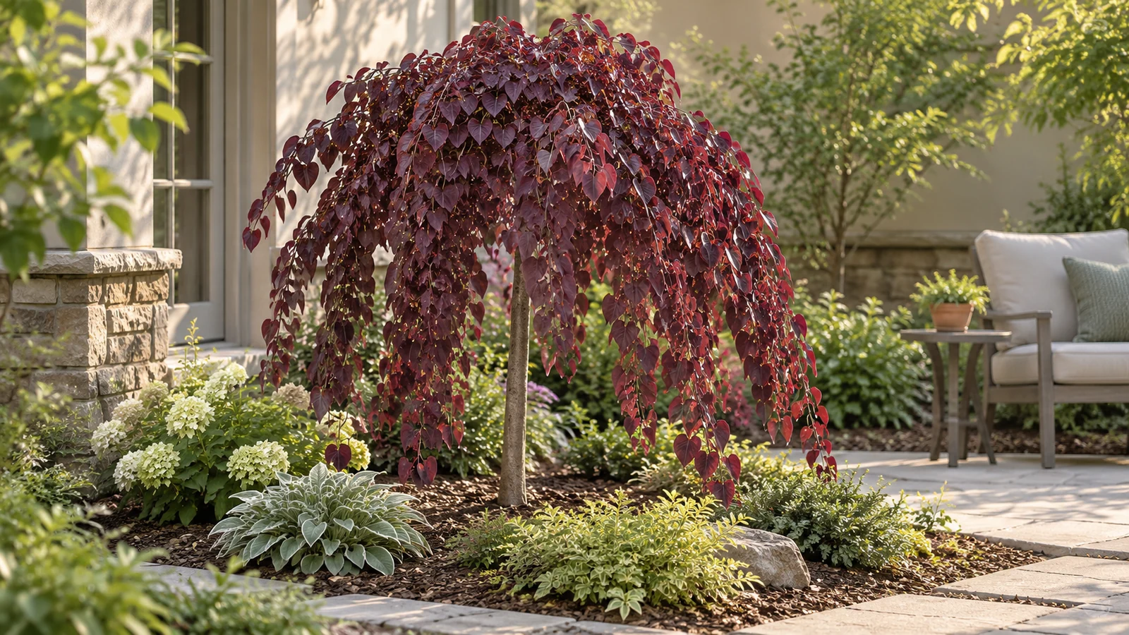 Illustrative garden with a burgundy-leaved small tree, low planting and a nearby patio chair.