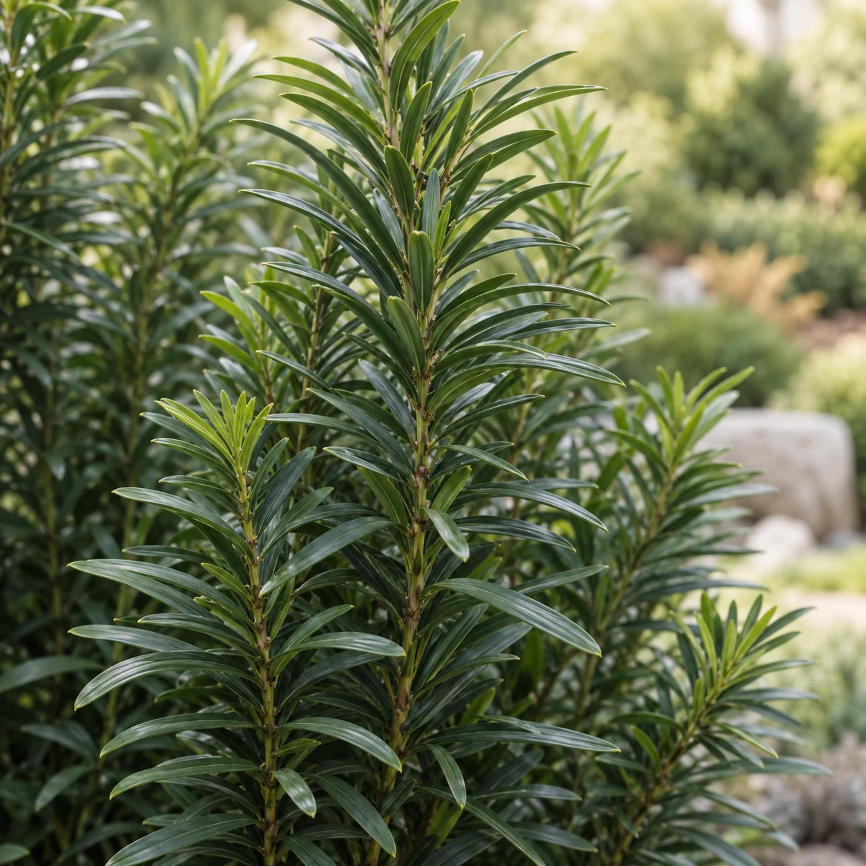 Illustrative foliage and seasonal detail of Upright Japanese Plum Yew