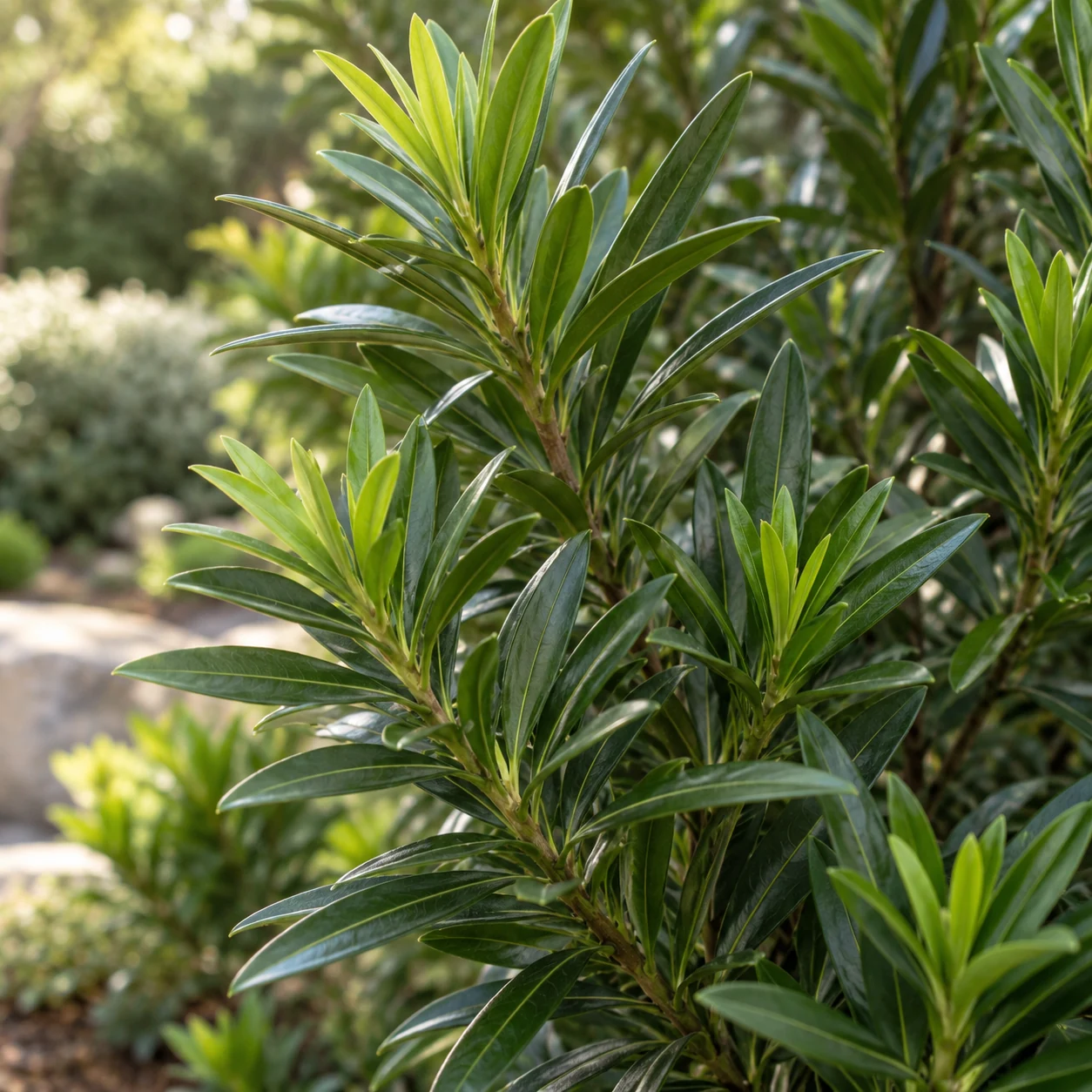 Illustrative foliage and seasonal detail of Maki Podocarpus