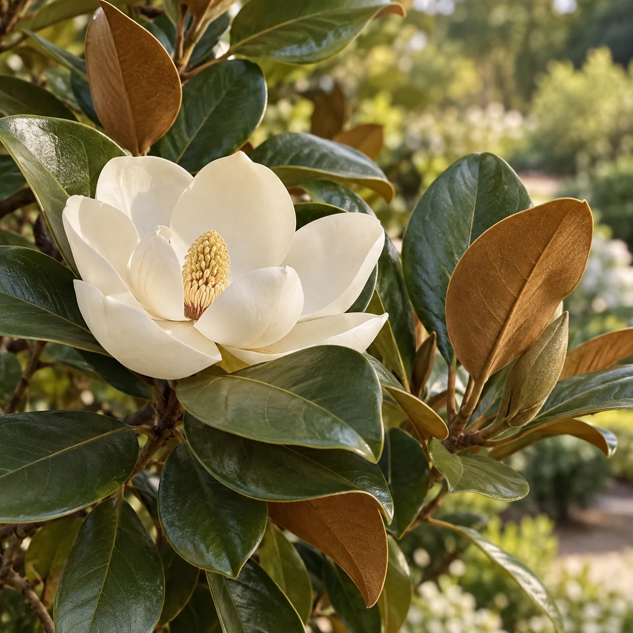 Illustrative foliage and seasonal detail of Teddy Bear Magnolia