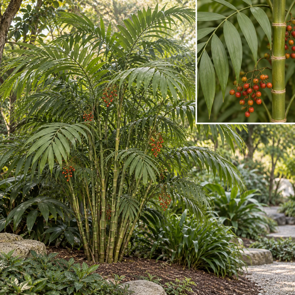 Illustrative foliage and seasonal detail of Hardy Bamboo Palm
