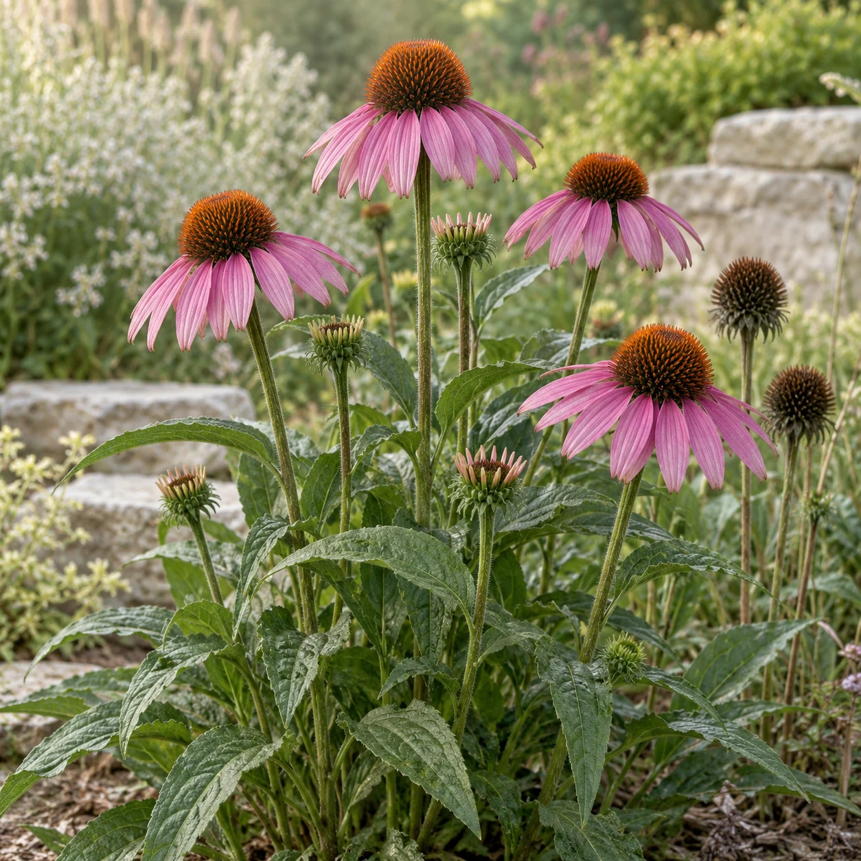 Illustrative foliage and seasonal detail of Purple Coneflower