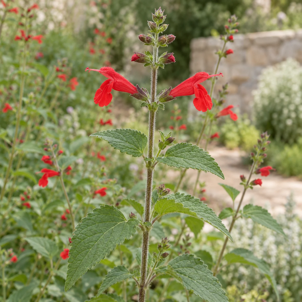 Illustrative foliage and seasonal detail of Scarlet Sage