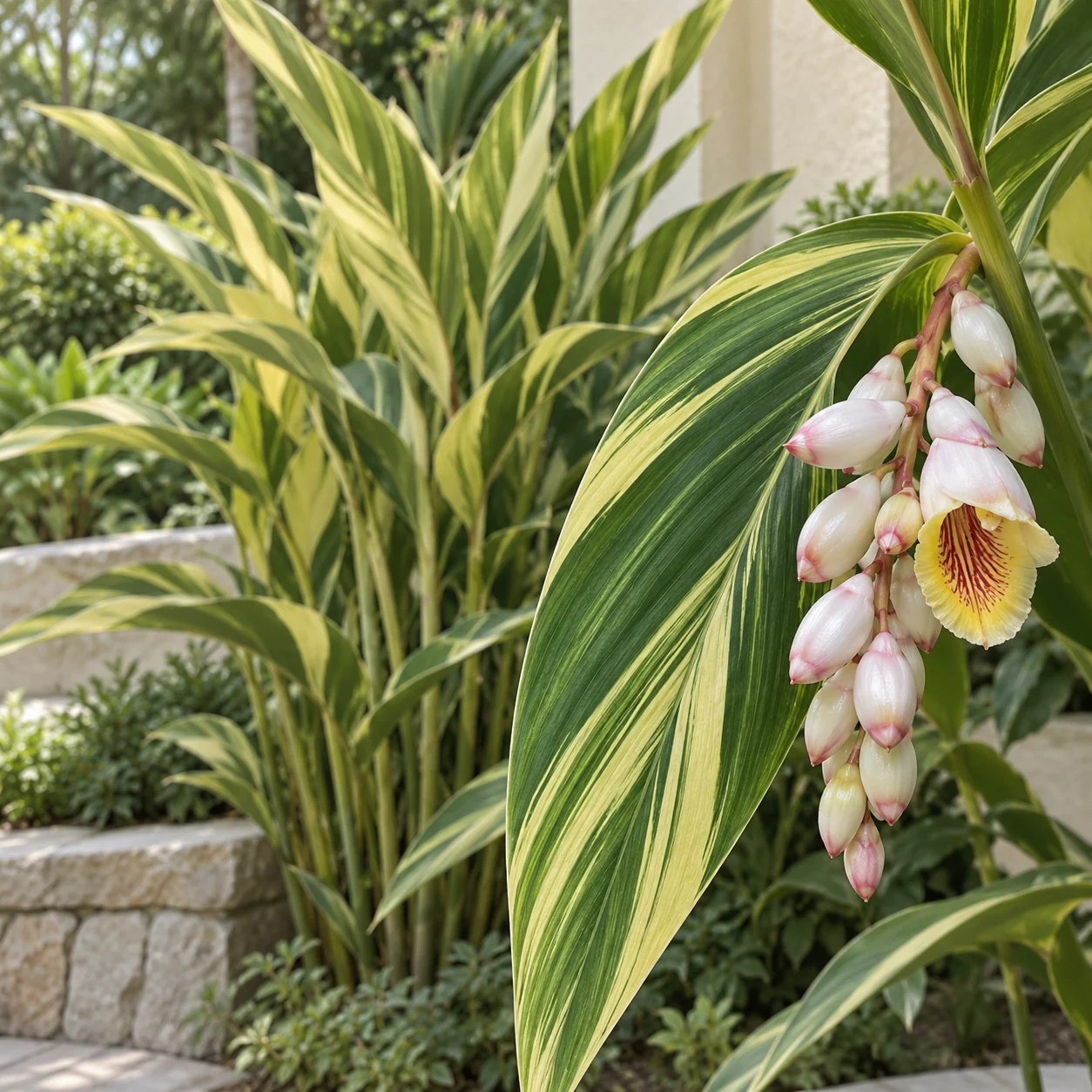 Illustrative foliage and seasonal detail of Variegated Shell Ginger