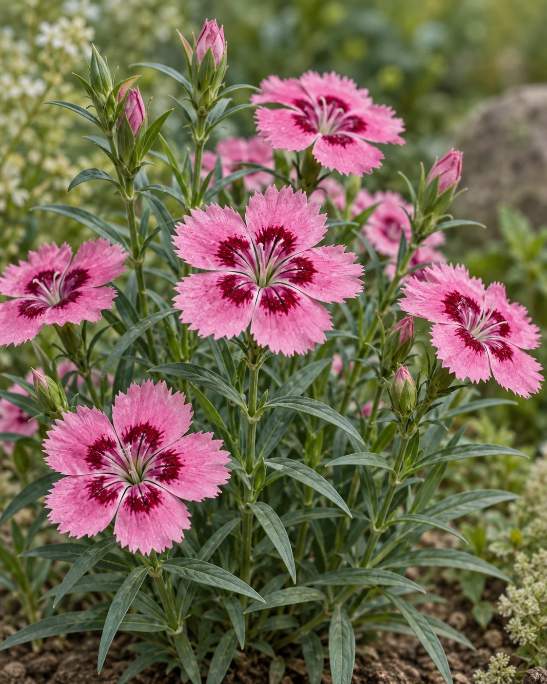 Illustrative foliage and seasonal detail of Dianthus