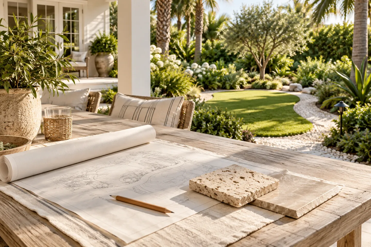 Illustrative planning table with a backyard sketch and stone samples overlooking a coastal garden.