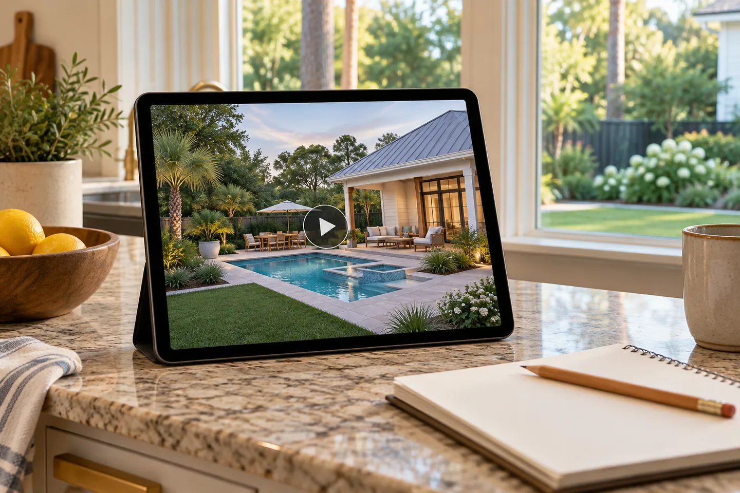 Illustrative tablet showing a backyard design preview beside an open notebook on a kitchen counter.