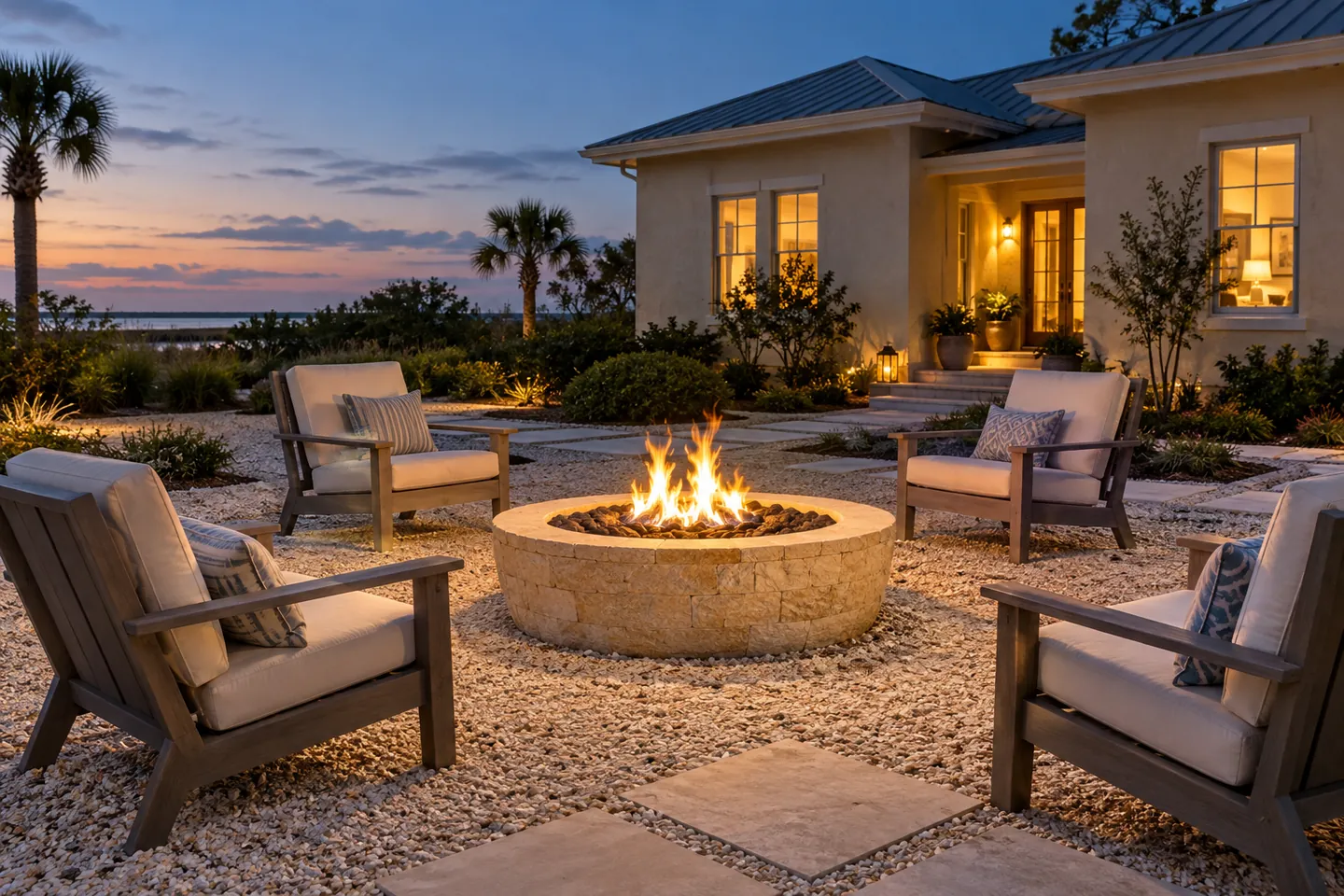 Four outdoor chairs arranged around a stone fire feature with room to gather and walk.