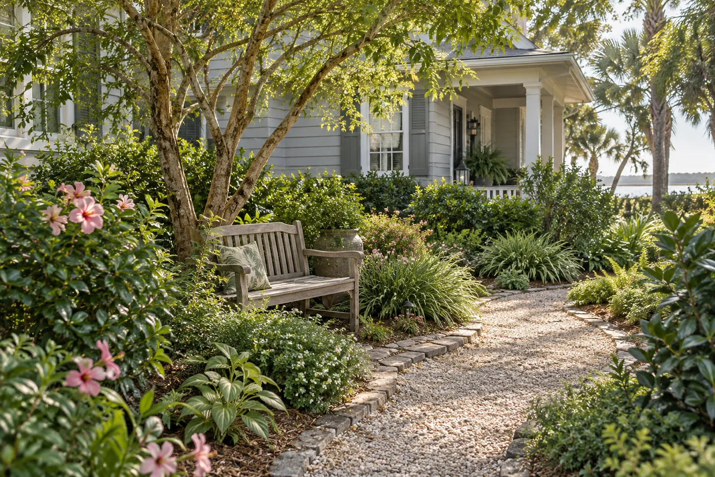 Layered flowering shrubs and a shade tree surround a bench along a curving garden path.
