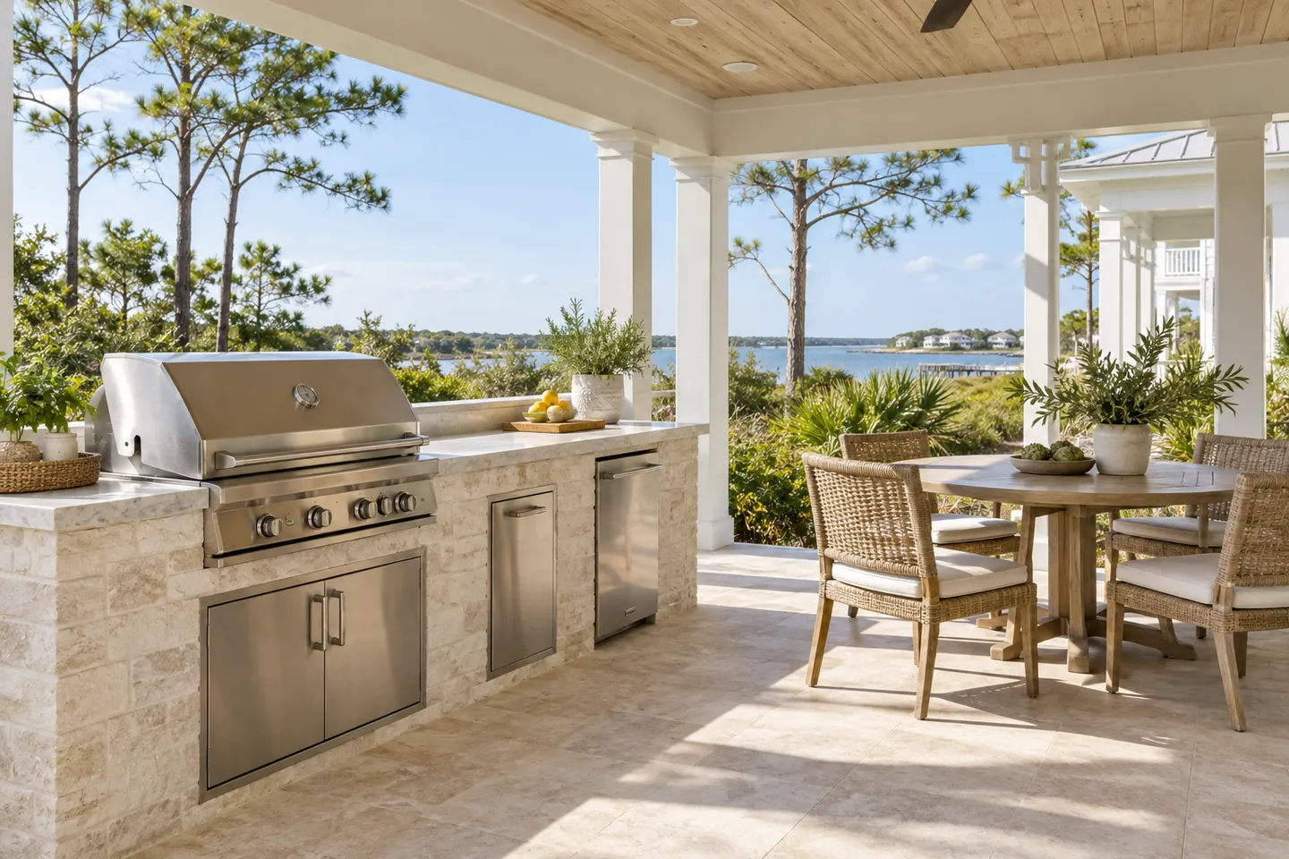 A compact outdoor kitchen provides clear prep space and closed storage beside a dining table.