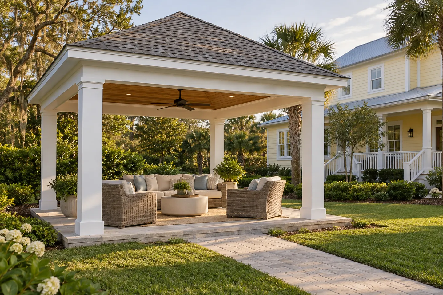 An open white pavilion shelters comfortable seating beside a pale yellow coastal home.
