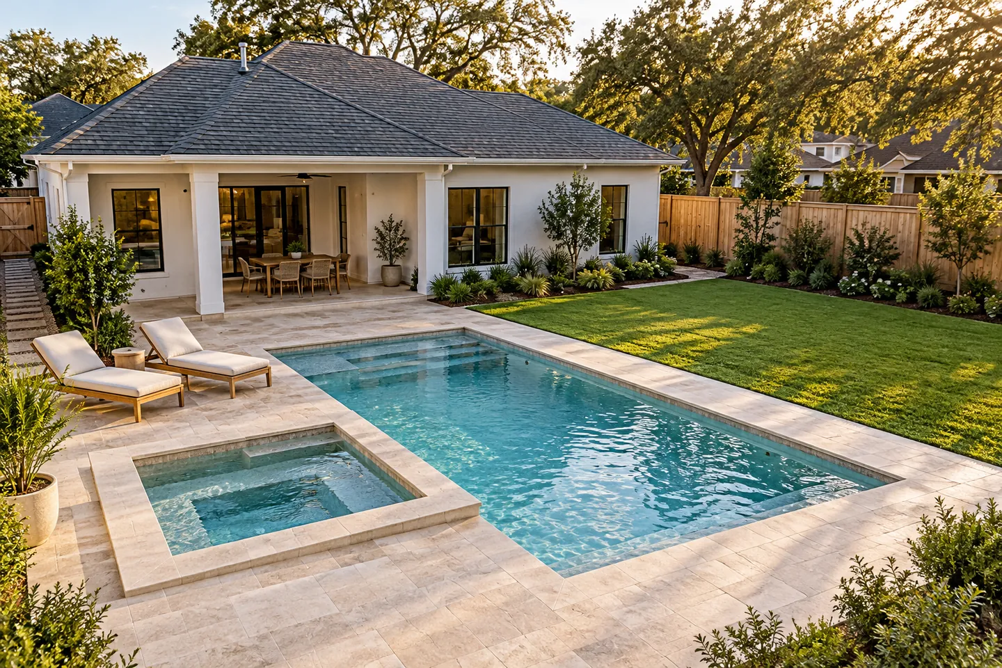 AI concept of a small pool and spa planned with a pale deck, lawn and garden behind a white stucco house.