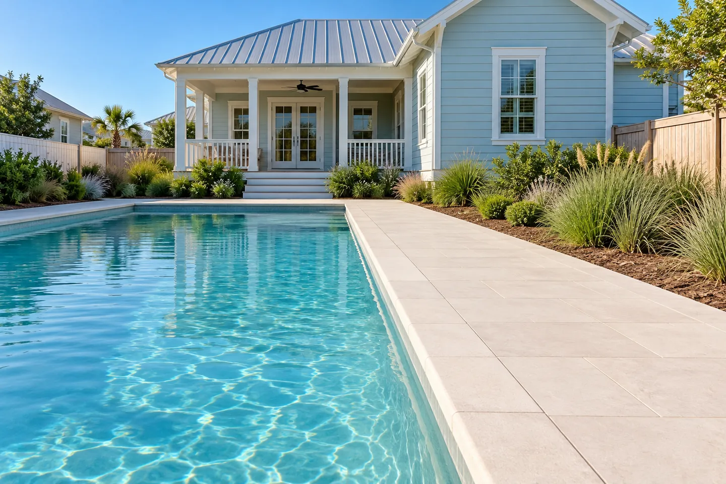 AI concept of a pool beside a pale blue cottage with a clear maintenance deck and planting set back from the water.