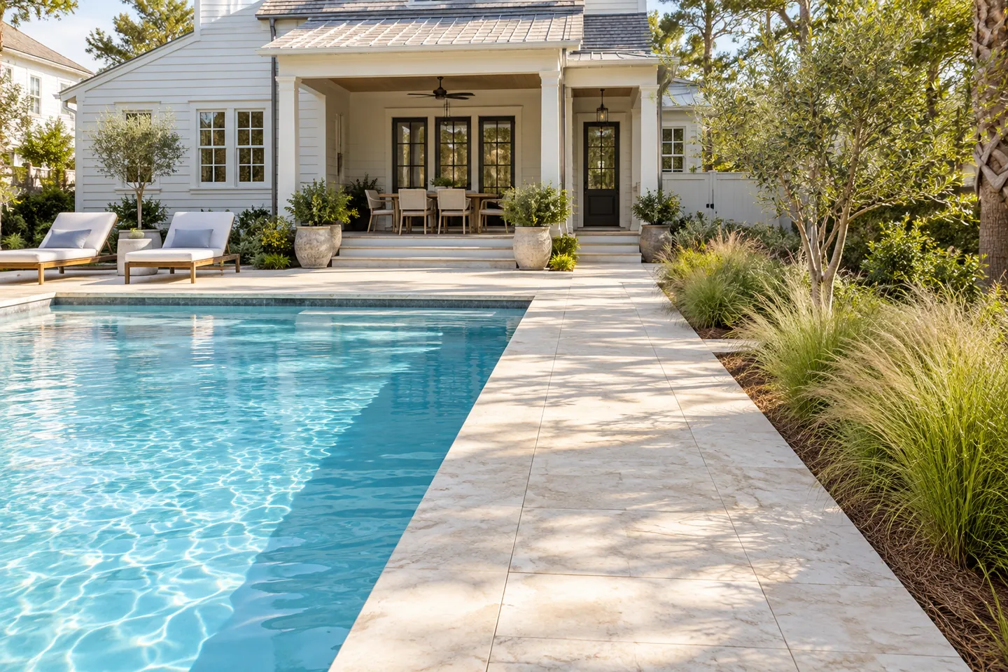 Illustrative poolside planting with a broad clear deck between the water and ornamental grasses.