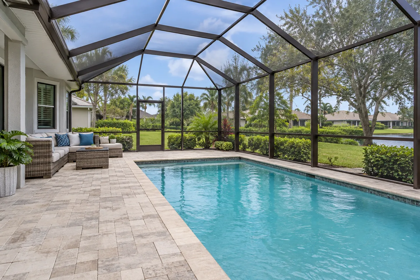 A screened pool enclosure includes an open walking route, lounge seating and a yard doorway.