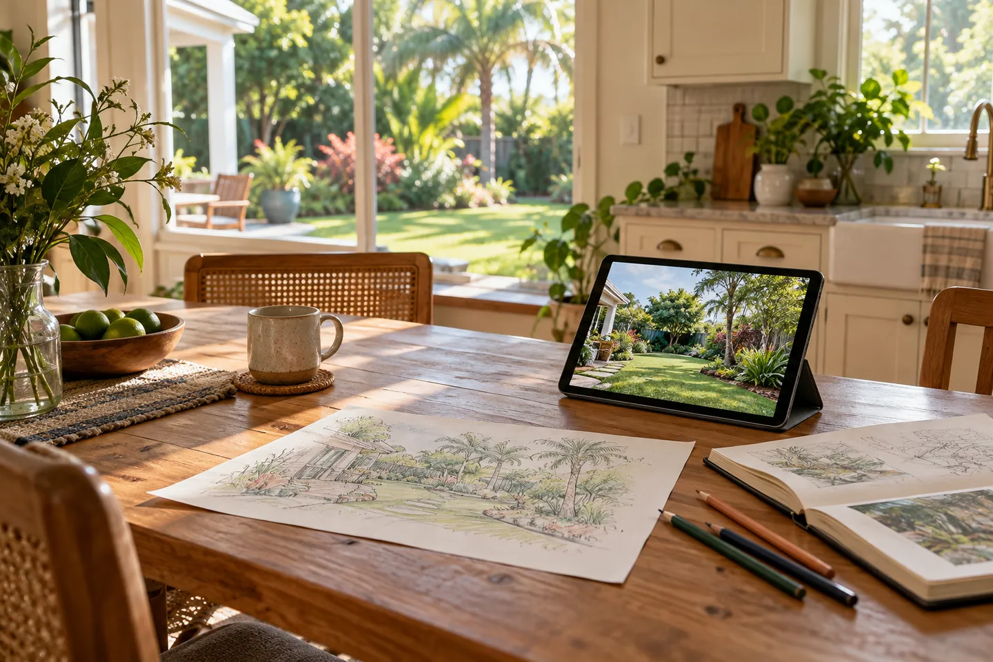 Illustrative kitchen table with backyard sketches and a tablet beside a garden-facing window.