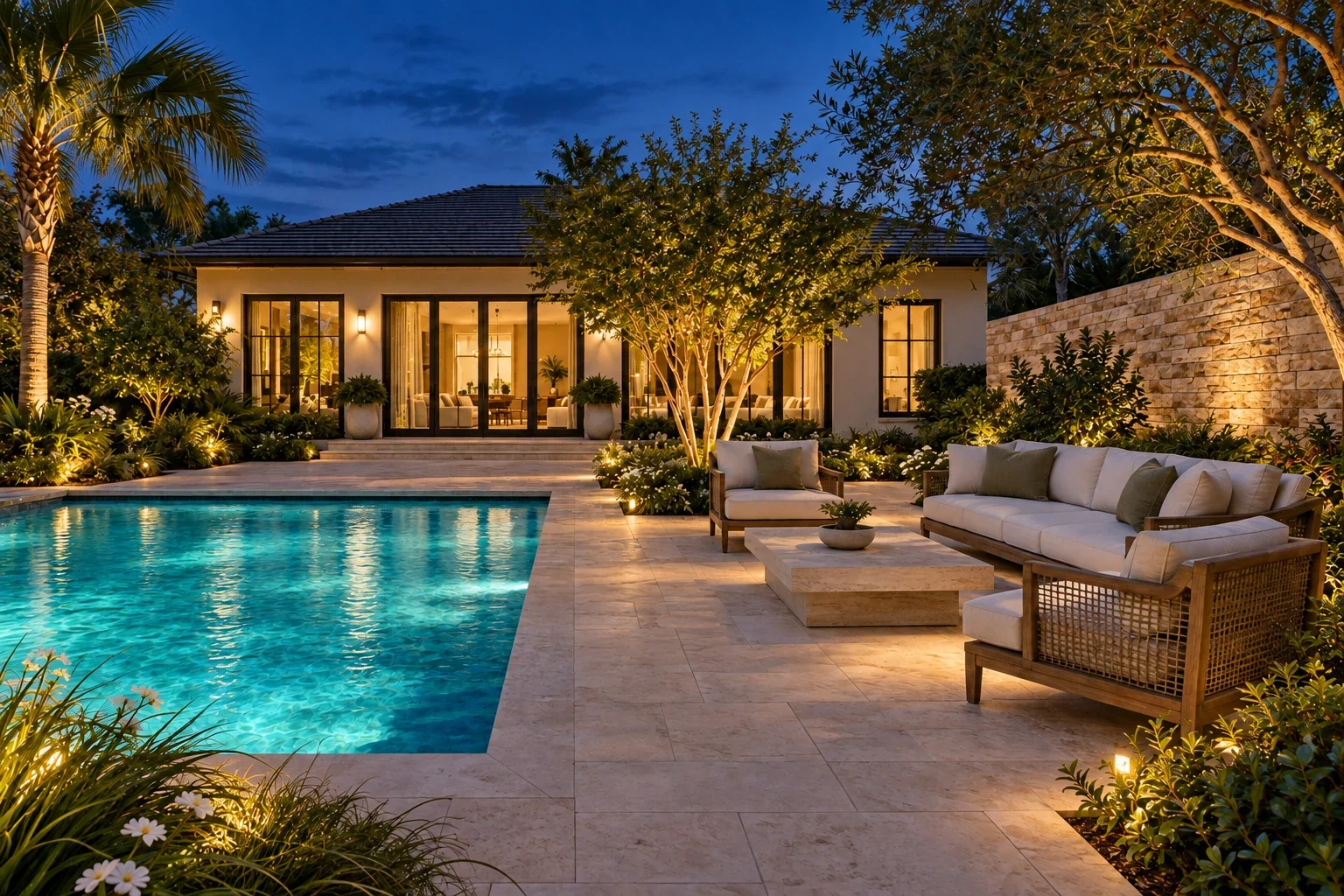 Illustrative nighttime outdoor living design used to discuss pool and adjacent patio lighting atmosphere.