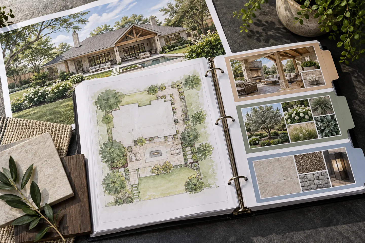 Organized backyard design binder containing a concept plan, reference views and material samples.