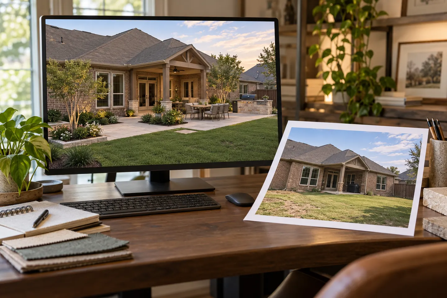 Proposed backyard visualization on a monitor beside a photograph of the existing yard.