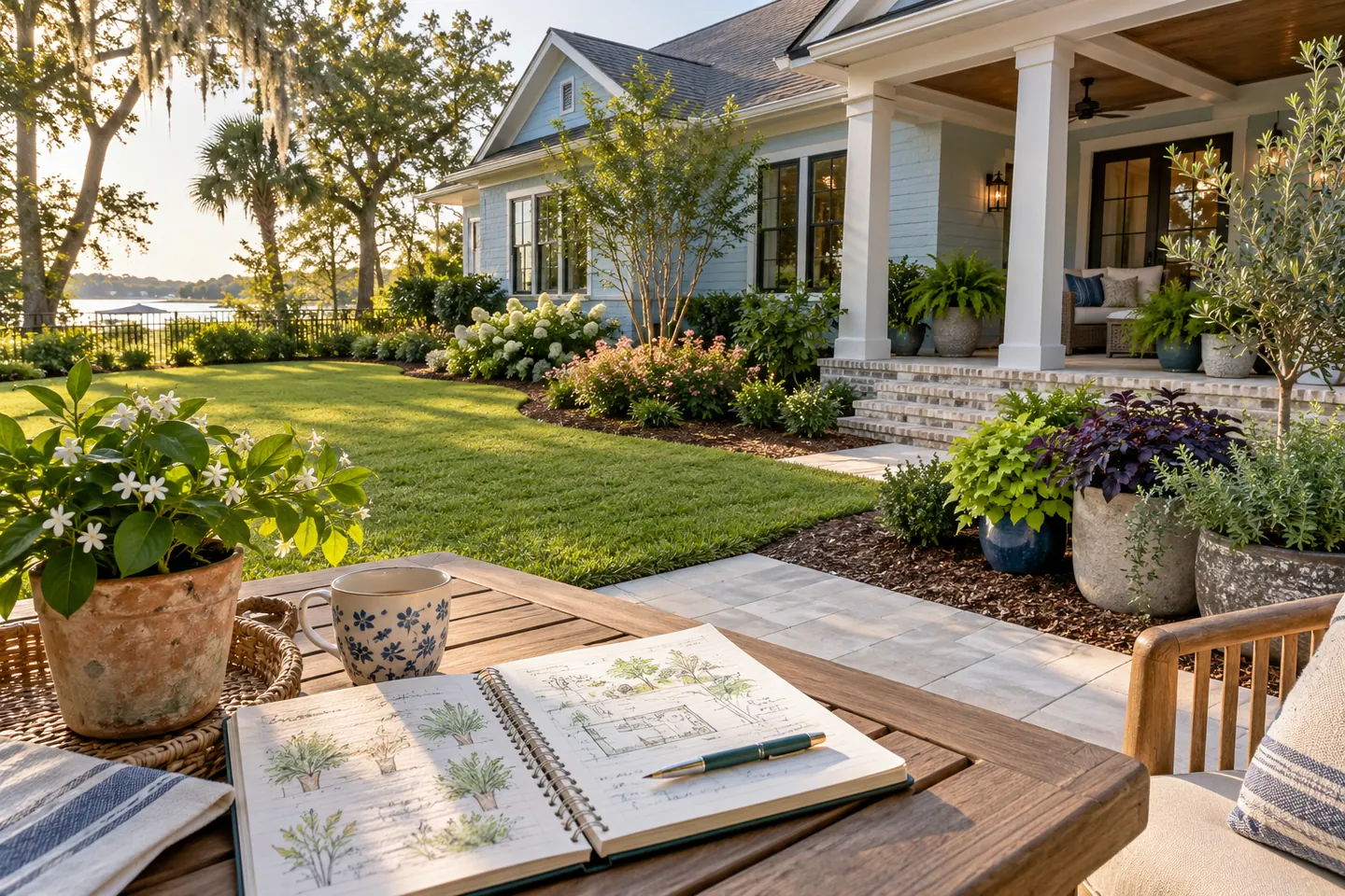 Landscape notebook overlooking a lawn, mulched shrub beds and grouped containers.