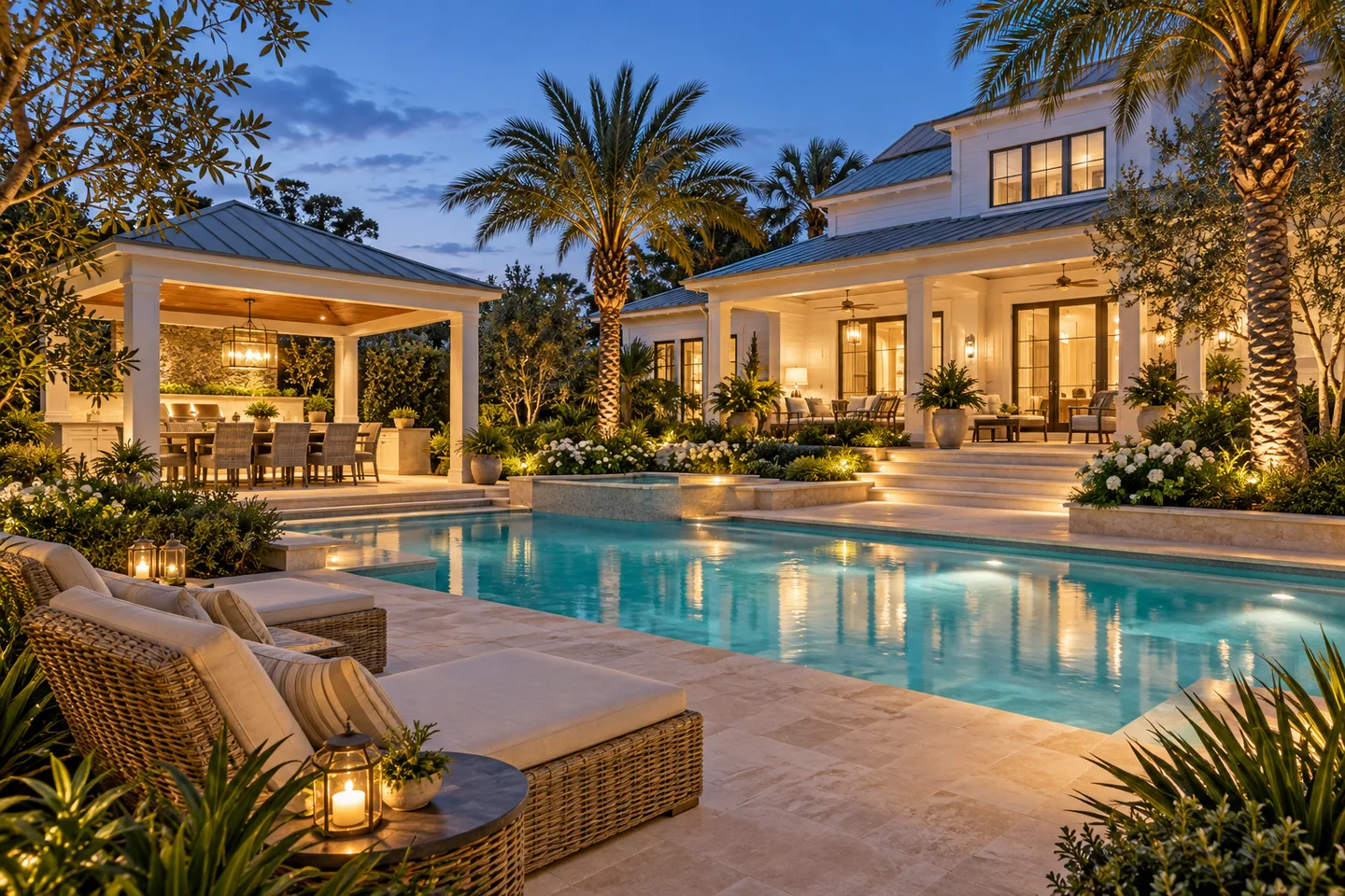 Illustrative complete pool garden at blue hour with warm lighting, covered dining and woven seating.