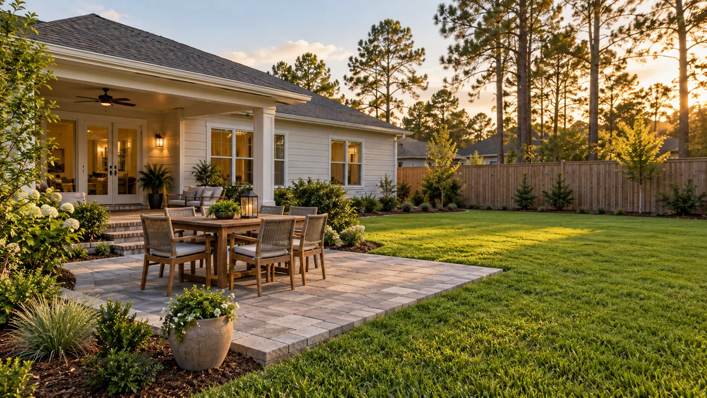 Illustrative dining patio beside open lawn reserved for future backyard improvements.