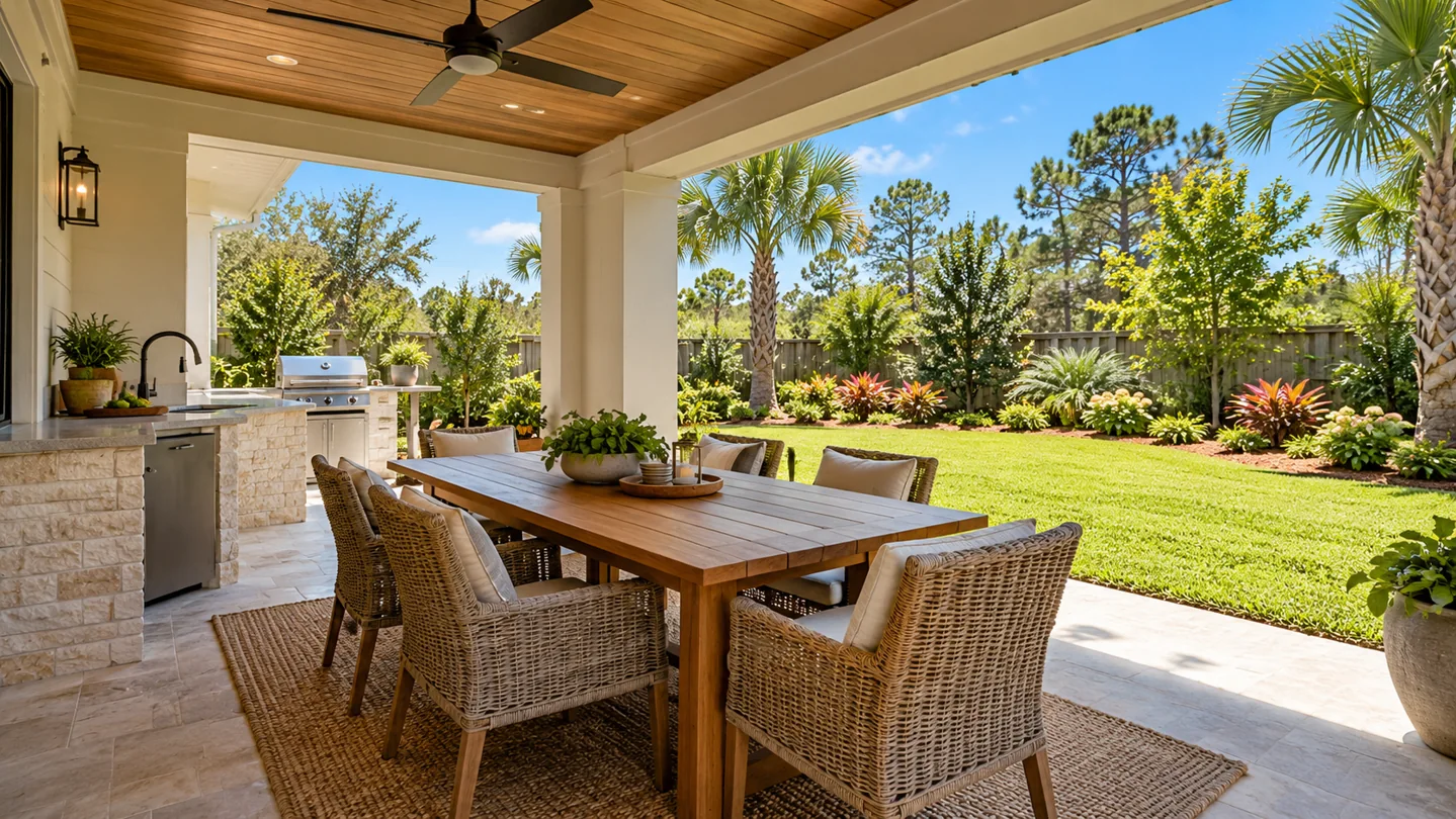 Illustrative shaded dining area and outdoor kitchen facing a sunny backyard.