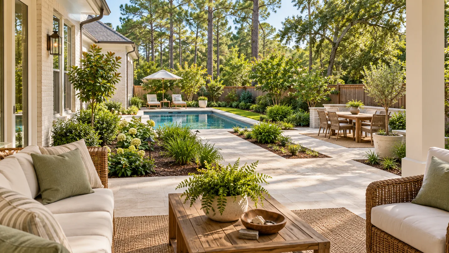 Illustrative porch, pool and dining patio connected by a clear garden route.