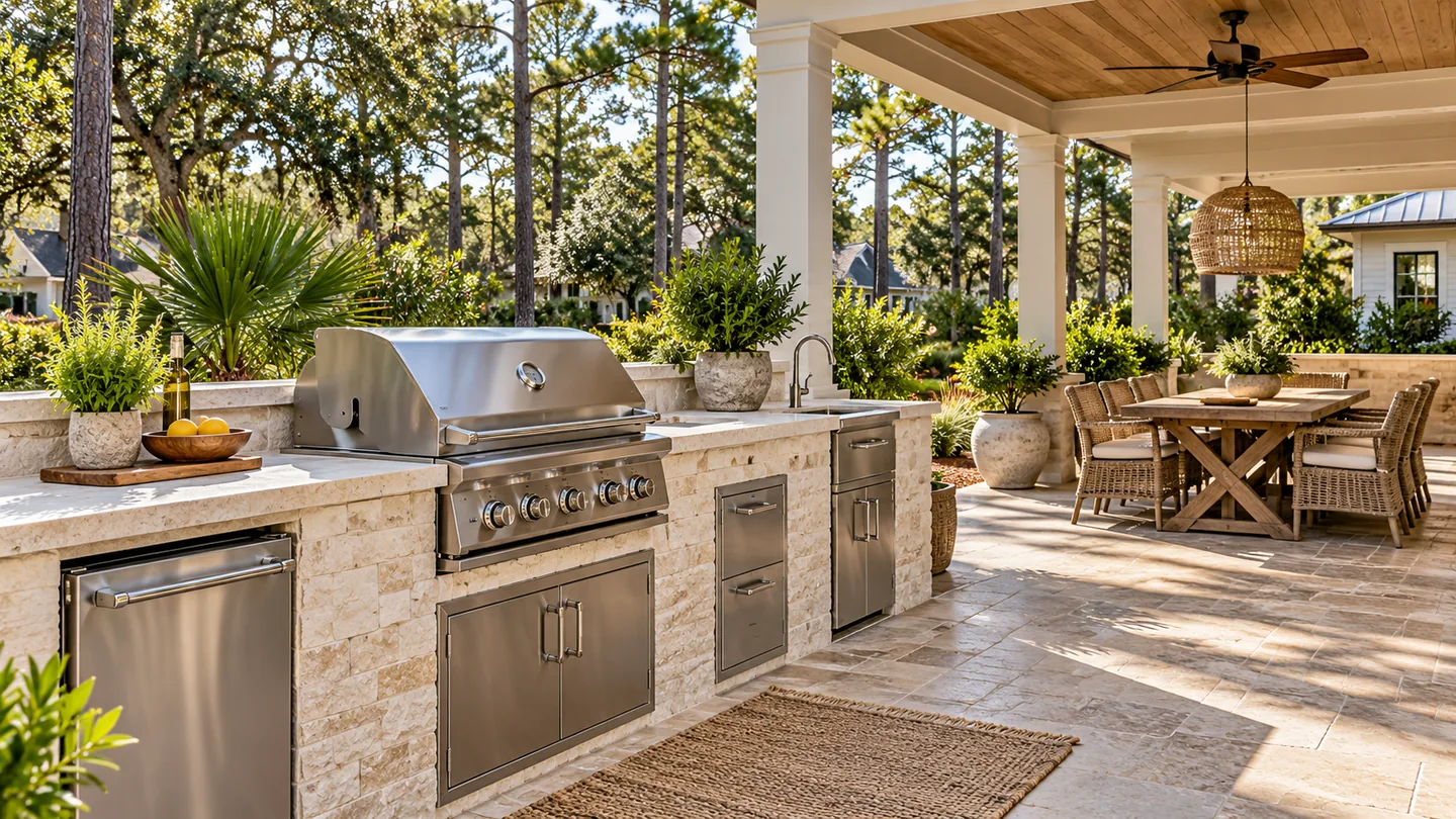 Illustrative outdoor kitchen with preparation counter, cabinetry and adjacent covered dining.