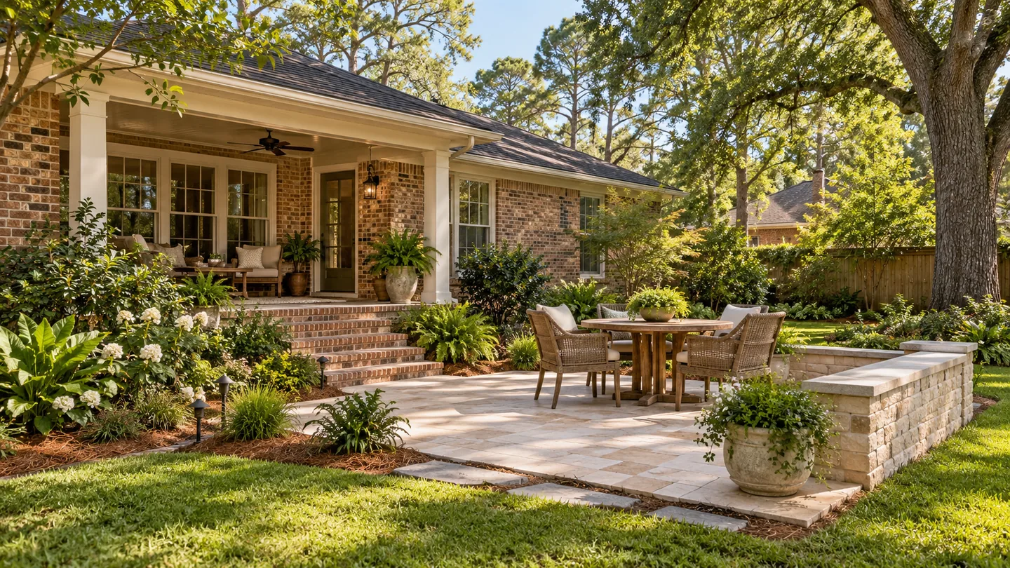 Illustrative existing brick home and porch connected to a new patio within an established garden.