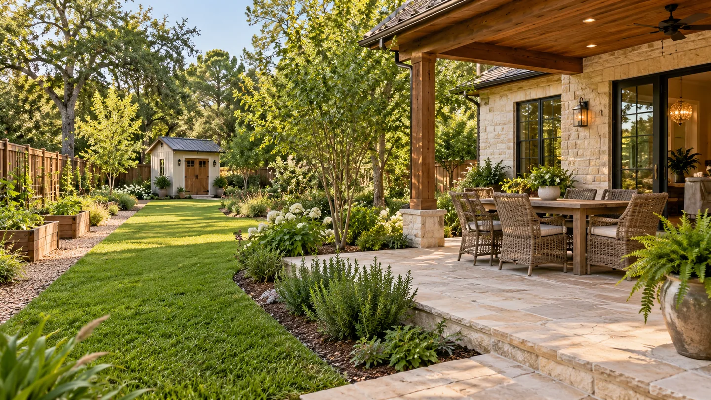 Illustrative garden, storage shed and clear access route beside a dining patio.