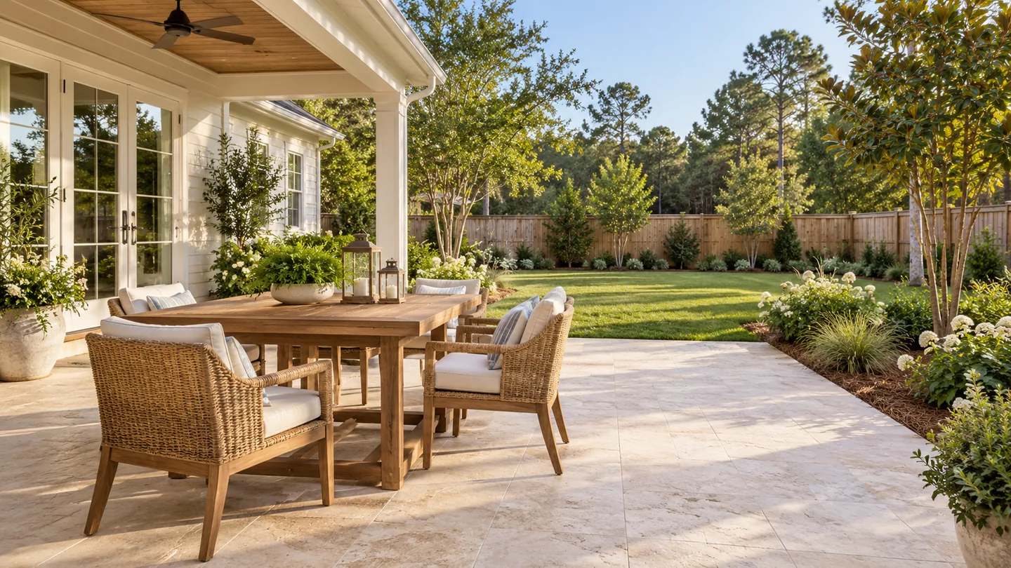 Illustrative dining patio with chairs and a clear walking route behind the table.