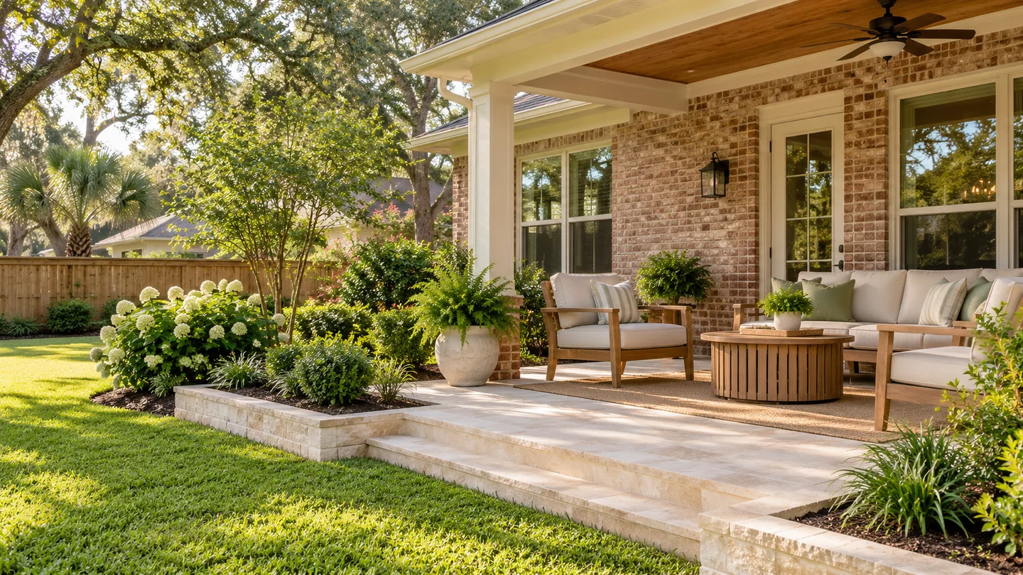 Illustrative refreshed patio beside an existing home, with modest seating and tidy restored planting edges.