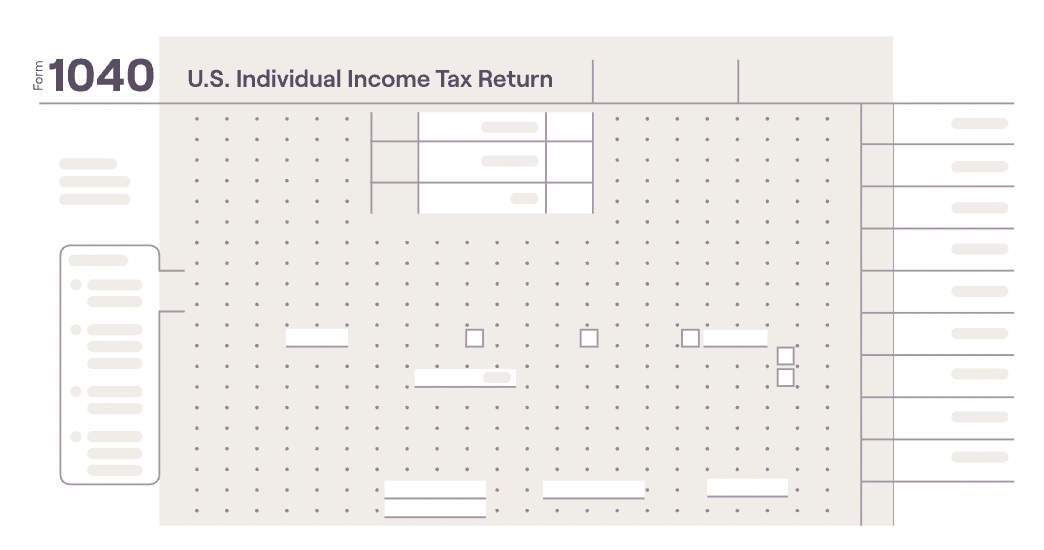 Form 1040 U.S. Individual Income Tax Return sample with fields and checkboxes for user input.
