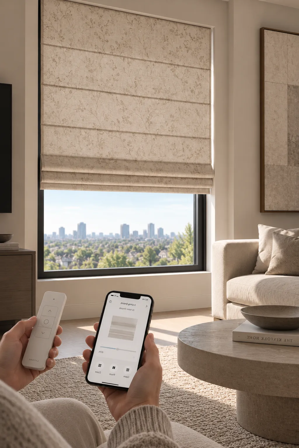 motorized roman shades controlled by a remote or digital app
